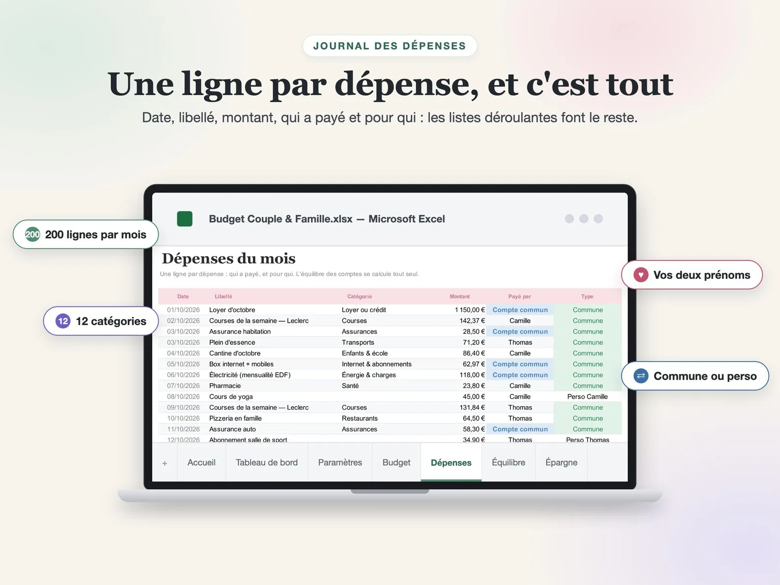 Journal des dépenses du classeur, une ligne par dépense avec la part commune et la part personnelle côte à côte.